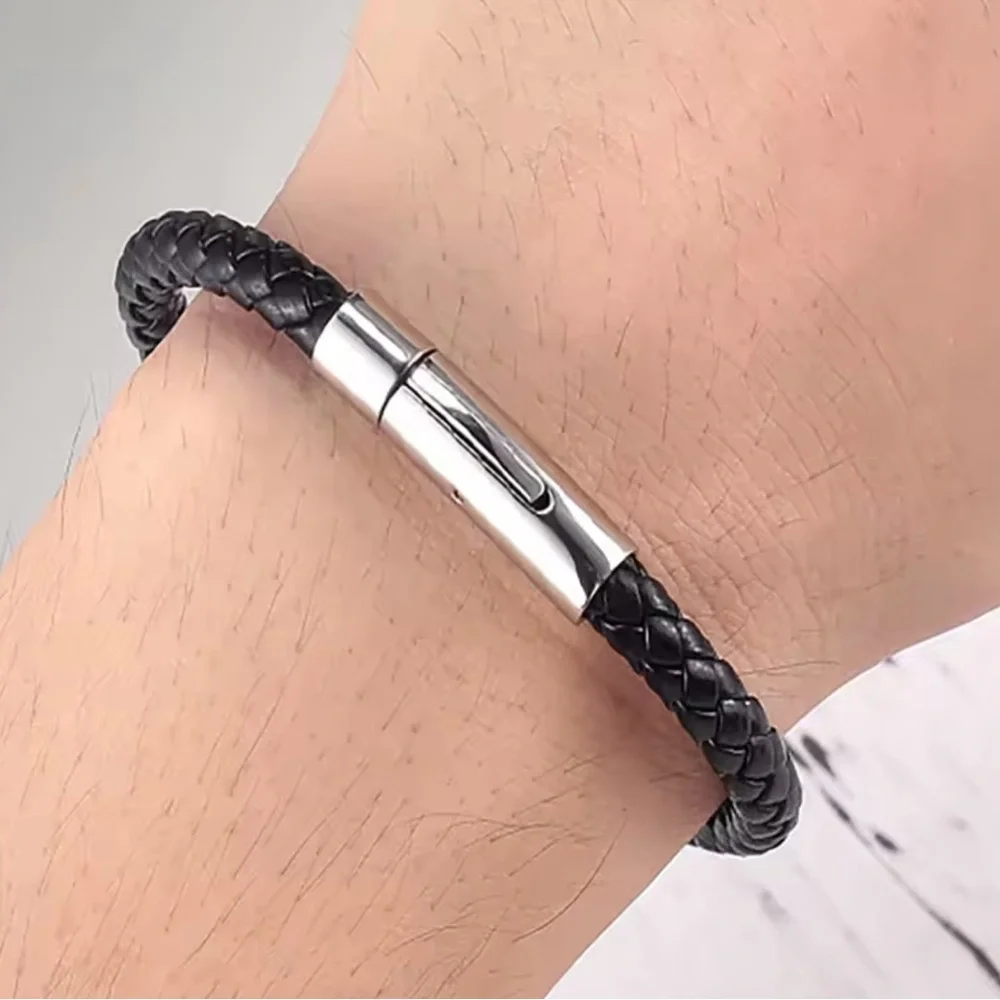 Men’s Leather Bangle Black Leather Bracelet 9”